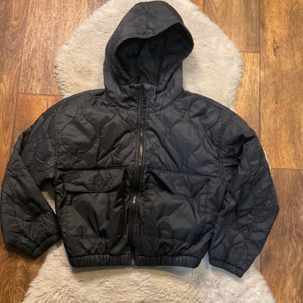 Old Navy Puffer Jacket Kids Size 10/12 Black Full Zip Hooded Lightweight Insulat